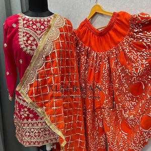 Punjabi Style Faux Georgette Pink & Orange Dhoti Salwar Suit Set with Dupatta and Embroidery Work  – Ethnic Wear for Women