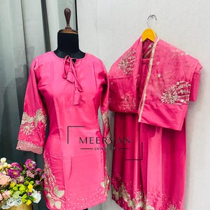 Designer Crepe Embroidery Sequence Work Palazzo Suit with Tassel Sleeves And Organza Dupatta – Ready to Wear Wedding & Festive Wear Outfits