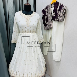 Elegance Party Wear White and Black Georgette Long Anarkali Gown Suit Set With Beautiful Dupatta and Embroidery Sequence Work