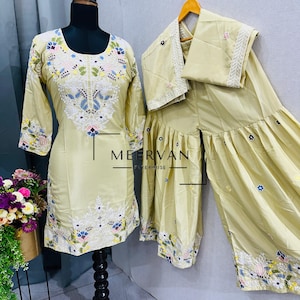 Pastel Yellow Embroidered Sharara Suit Set | Natural Crepe Palazzo Outfit with Dupatta | Festive & Party Wear, Eid Outfit Women