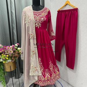Heavy Georgette Long Kurta Set with Multi-Thread Sequin Embroidery | Full Sleeve Ready to Wear Suit with Dupatta | Indian Ethnic Dress