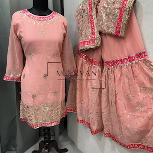 Lightweight Pink Heavy Faux Georgette Embroidered Sharara Top Suit Set With Beautiful Long Dupatta