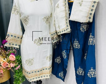 Heavy Chinnon Silk Sharara Suit Set with Embroidery & Dupatta | Indian Partywear Outfit | Eid Wedding Festive Wear for Women