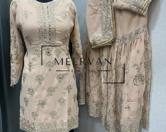 Pakistani Wedding Sharara Set for Girl, Heavy Faux Georgette Embroidery Work Sharara Suit,  Indian Ethnic Heavy Dress Wedding Special Suit