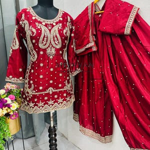 Maroon Sharara Suit Set | Heavy Chinon Silk Embroidered Indian Outfit | Festive & Wedding Wear | Traditional Sharara with Dupatta For Eid