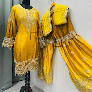 Elegant Chinon Silk Suit Set, Full-Stitched Sharara with Embroidered Dupatta, Rivet Moti & Sequin Detailing, Traditional Indian Wear