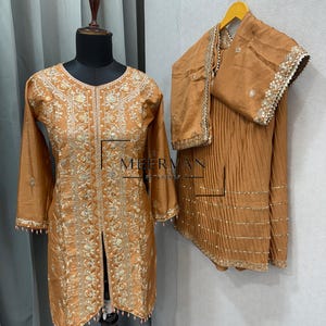 Elegant Brown Color Fancy Embroidered Straight Kurta Suit Set Heavy Pure Chinon Silk With Designer Sequence Work