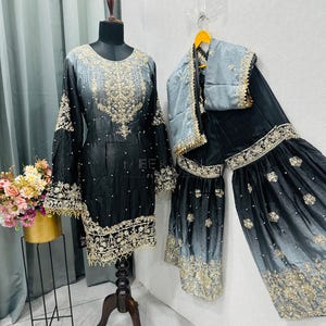 Luxury Black & Gold Embroidered Silk Suit Set with Dupatta – Fully Stitched Party Wear Sharara suit, Indian Pakistani Ethnic Outfit for Eid