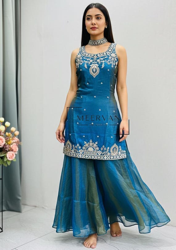 Golden Zari Sequin Embroidered Silk Kurta Palazzo Set with Dupatta, Indian Wedding Festive Wear