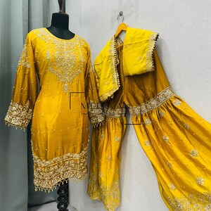 Elegant Chinon Silk Suit Set, Full-Stitched Sharara with Embroidered Dupatta, Rivet Moti & Sequin Detailing, Traditional Indian Wear