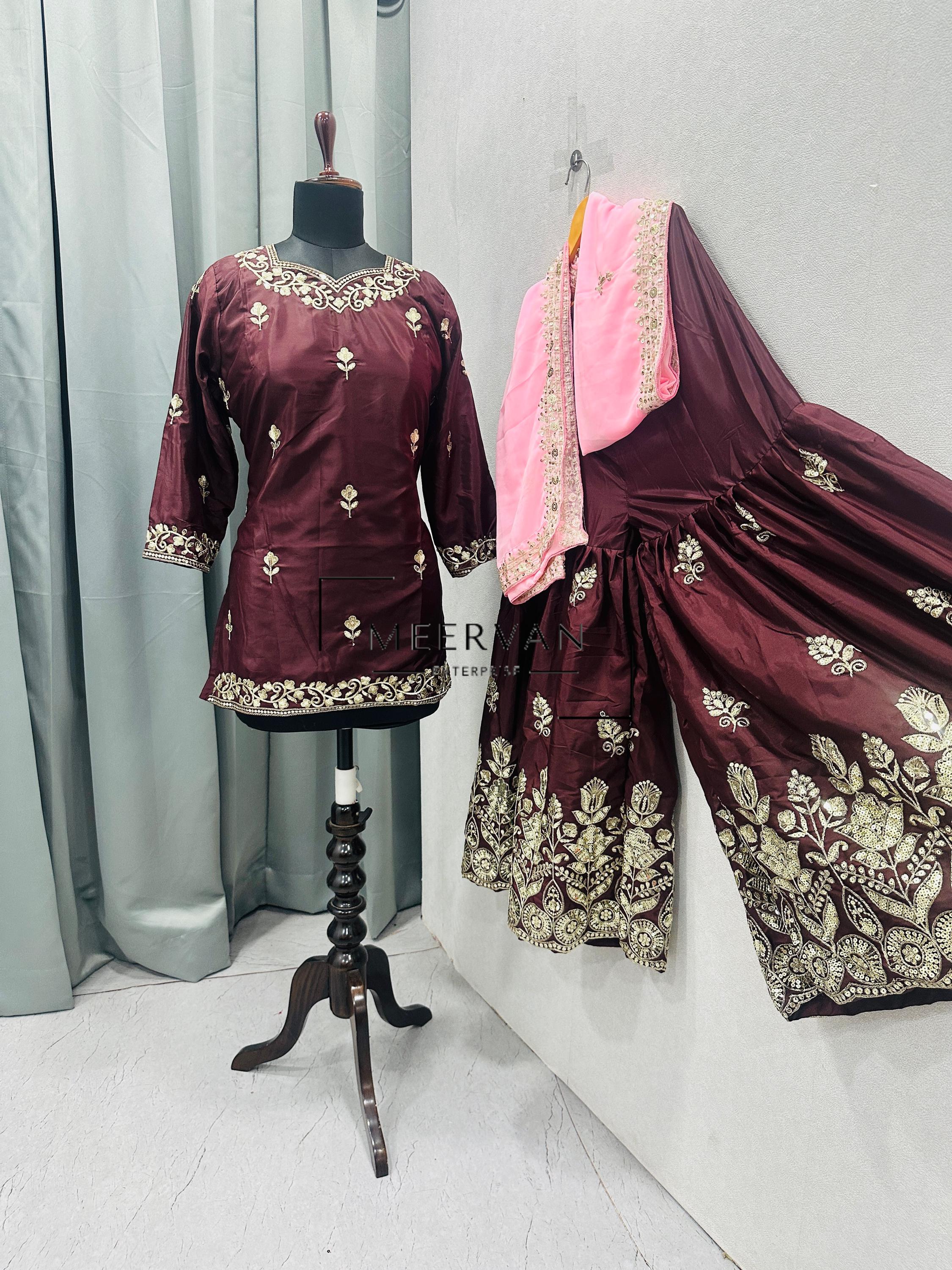 Designer Embroidered Sharara Suit, Heavy Crepe Top with Sequin Work, Ethnic Indian Dress, Faux Georgette Dupatta, Party Wear Palazzo Suit