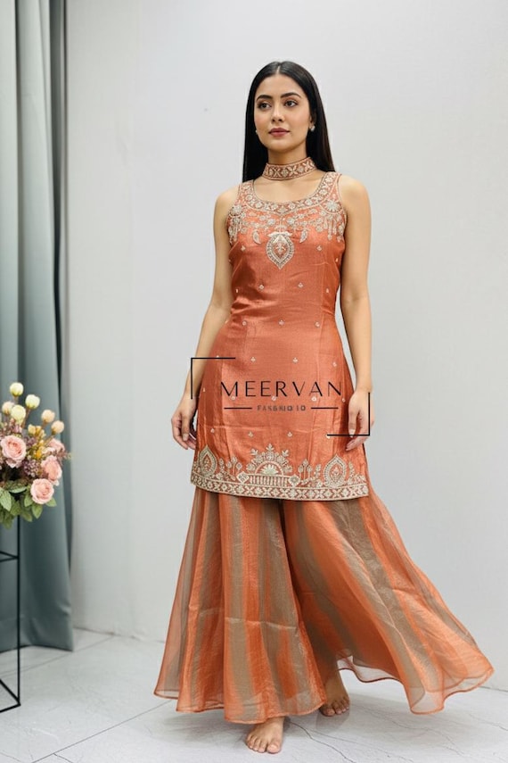 slim fit dress slacks Mauve Gown with Golden Zari Weaving & Embroidered Dupatta L