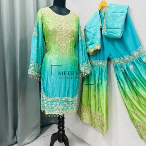 Chinon Silk Suit Set for Women | Heavy Embroidery with Sequence & Rivet Moti | Plazo Suit with Dupatta Indian Ethnic Wear | Partywear Outfit