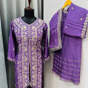 Pakistani Wedding Purple Stylish Embroidered Straight Kurta Suit Set Heavy Pure Chinon Silk With Designer Sequence Work