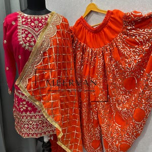 Punjabi Style Faux Georgette Pink & Orange Dhoti Salwar Suit Set with Dupatta and Embroidery Work  – Ethnic Wear for Women