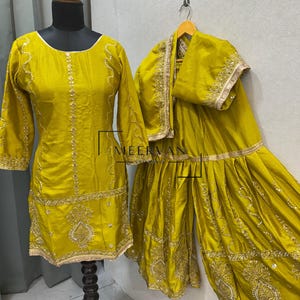 Dress For Women's Wear Yellow Sharara Kurta Suit Set in Heavy Pure Chinon Silk With Designer Sequence Embroidery Work