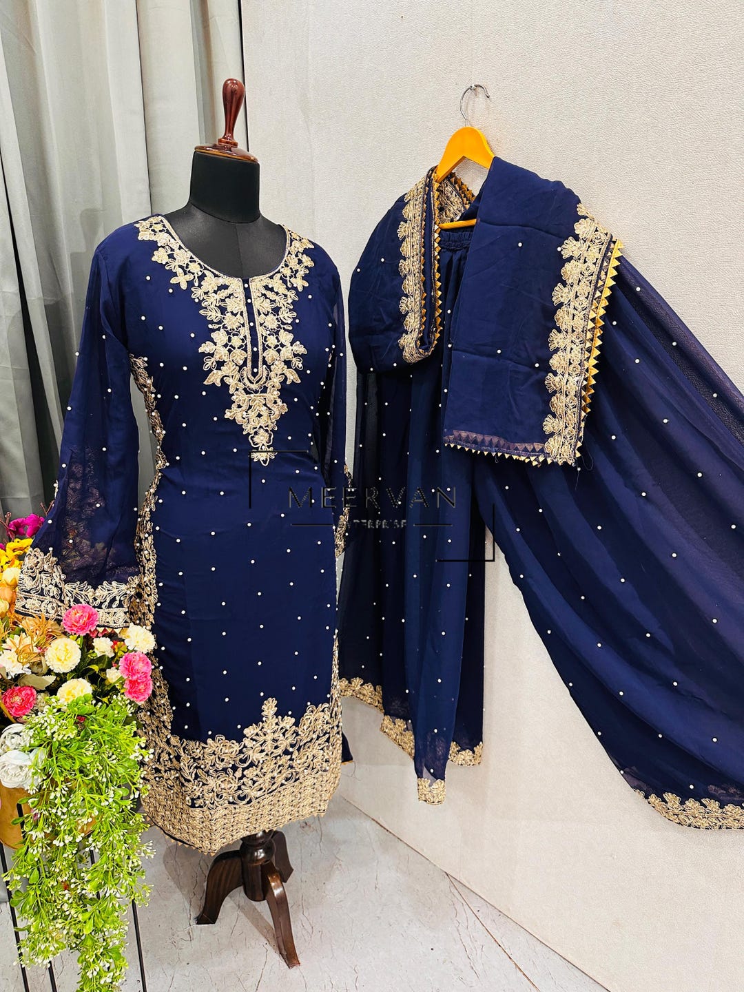 Women navy blue georgette sequence with Rivet moti plazzo suit