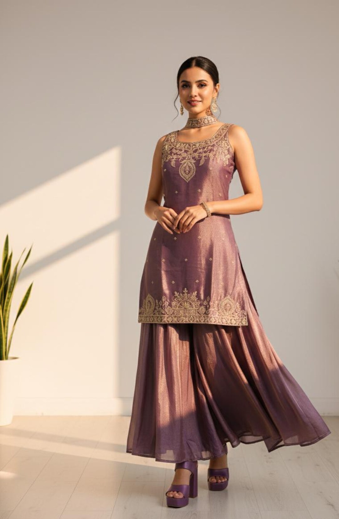 Designer Silk Kurta With Umbrella Palazzo and Dupatta, Zari & Sequin ...