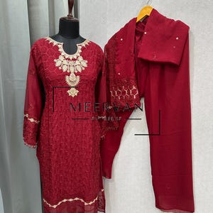 Indian Embroidery Georgette Kurti With Palazzo And Dupatta for Women, 3 Piece Ready made Set Salwar Kameez Gift For Her Ethnic Wear