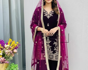 Bridal Velvet Festive Outfit | Heavy Coding & Sequence Work with Butterfly Net Dupatta