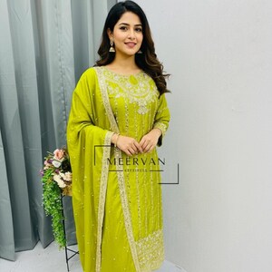 Sequin Embroidered Chinon Silk Palazzo Suit: Tassel Sleeve Kurta, Dupatta