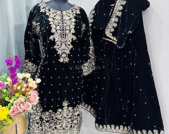 Black Velvet Embroidered Coding & Moti Work Palazzo Kurta Set, Pakistani Indian Party Wear