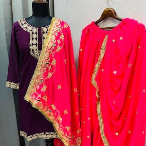 Traditional Style Faux Georgette Dhoti Salwar Suit Set with Dupatta and Embroidery Work  – Ethnic Wear for Women