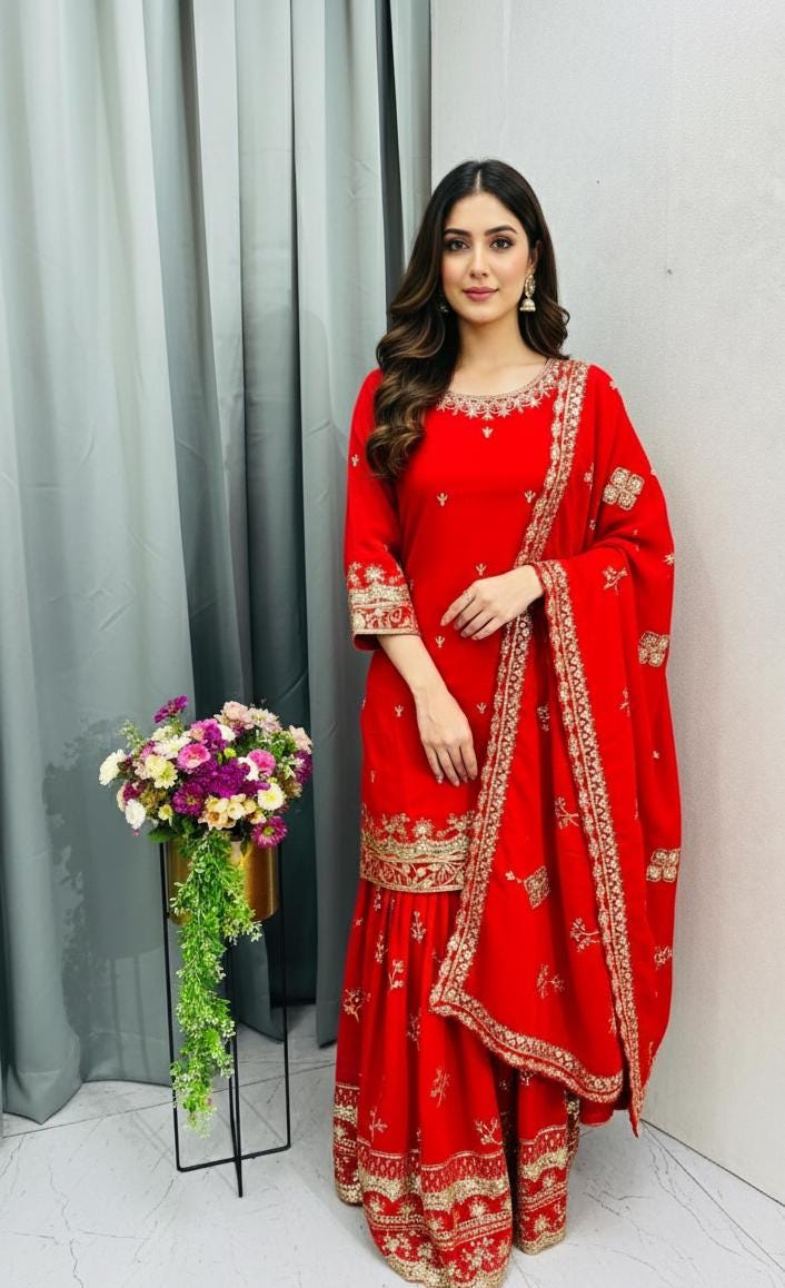 white and gold prom dresses with sleeves Red Embroidered Chinon Sharara Suit with Thread & Khatli Handwork