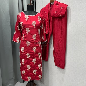 Indian Wedding Heavy Chinon Red Bridal Salwar Kameez Suit Set For Indian Women's Wear With Beautiful Dupatta And Embroidery Work