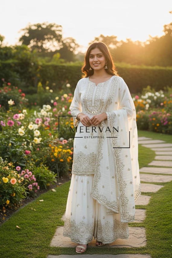 White Embroidered Sharara Dress, Boho Style Indian Suit, Customizable Designer Ethnic Wear
