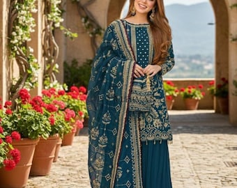 Blue Kurti Palazzo Suit with Heavy Embroidery & Dupatta
