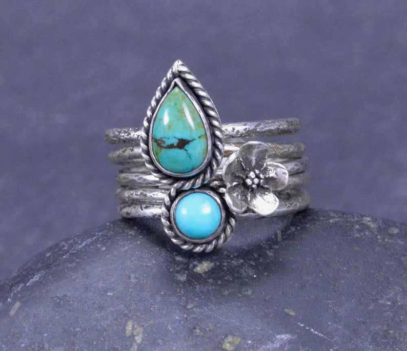 Stacking Turquoise Rings Sterling Silver Rings Flower Ring Metalsmith Jewelry Bobo