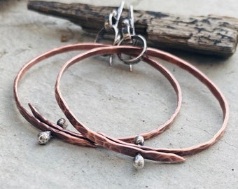 Mixed Metal Hoop Earrings, Hammered, Hoops, Pinned, Metalsmith Jewelry