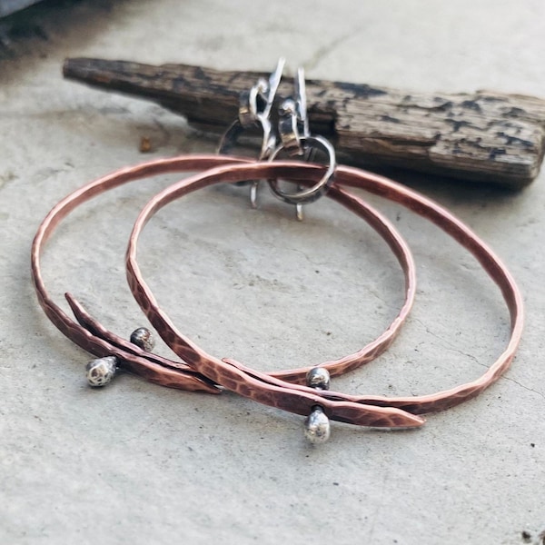 Mixed Metal Hoop Earrings, Hammered, Hoops, Pinned, Metalsmith Jewelry