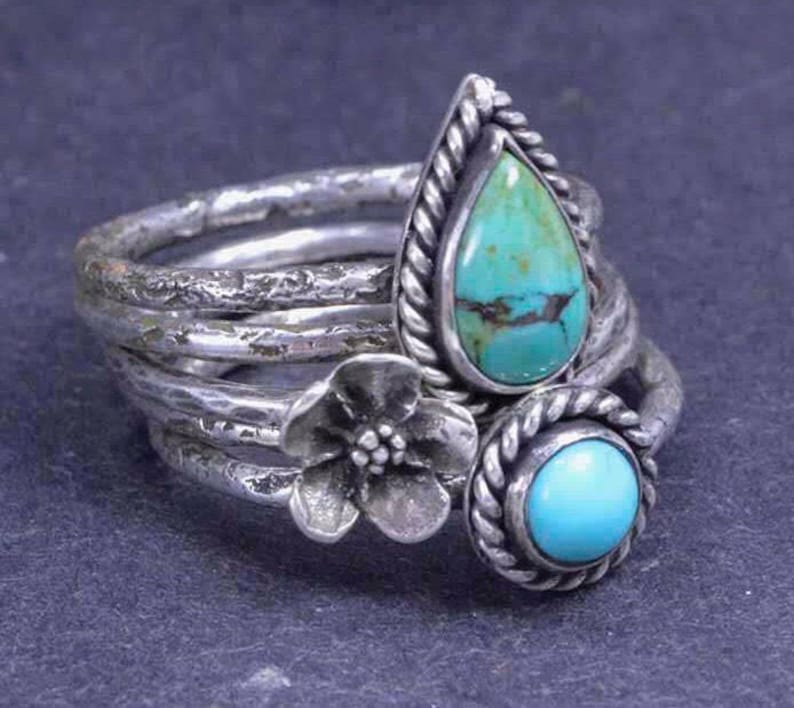 Stacking Turquoise Rings Sterling Silver Rings Flower Ring Metalsmith Jewelry Bobo