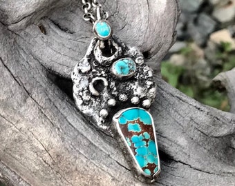Turquoise Necklace, Raw Silver, Rustic, Pendant, Pinned, Sterling Silver, Metalsmith Jewelry