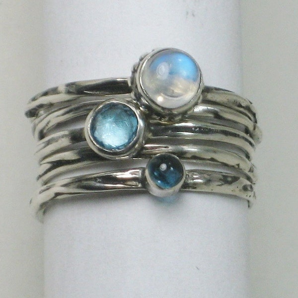 Twig Rings, Blue Topaz, Moonstone, London Blue Topaz, Sterling Silver, 5 Ring Set