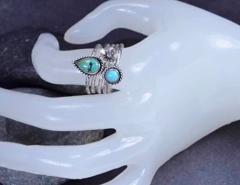 Stacking Turquoise Rings Sterling Silver Rings Flower Ring Metalsmith Jewelry Bobo