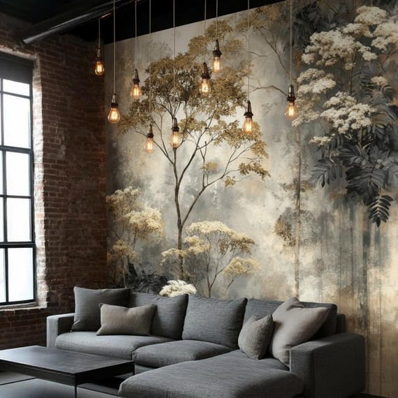 Removable Peel and Stick Wallpaper – Beige and Gold Forest – Elegant Self Adhesive Wall Mural for Modern Natural Home Décor