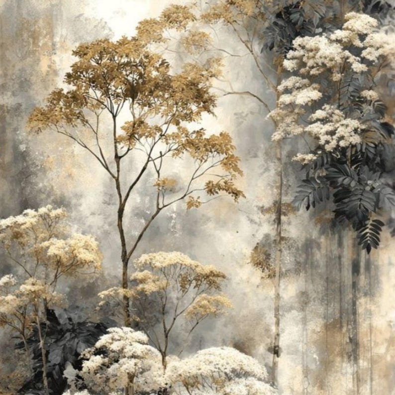 May include: An artistic rendering of a forest scene. The image features trees with gold and white foliage against a textured, muted gray and beige background. The artwork evokes a sense of nature and tranquility.