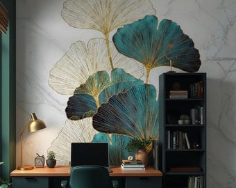Removable Peel and Stick Wallpaper – Green and Gold Flowers – Elegant Self Adhesive Wall Mural for Modern Natural Home Décor