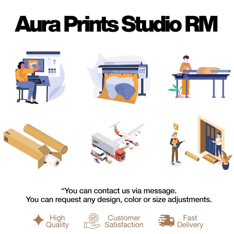 May include: An illustration with the text "Aura Prints Studio RM" and icons depicting printing processes, including design, printing, and delivery. The image also includes text stating, "You can contact us via message. You can request any design, color or size adjustments."