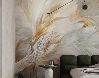 Removable Peel and Stick Wallpaper – Golden plant a beige background– Elegant Self Adhesive Wall Mural for Modern Natural Home Décor