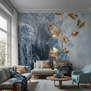 Removable Peel and Stick Wallpaper – Blue and Gold Flowers – Elegant Self Adhesive Wall Mural for Modern Natural Home Décor