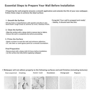 May include: A white document with black text detailing steps to prepare a wall for wallpaper installation. Instructions include smoothing, cleaning, and priming the surface. The text also lists surfaces where wallpaper won't adhere.