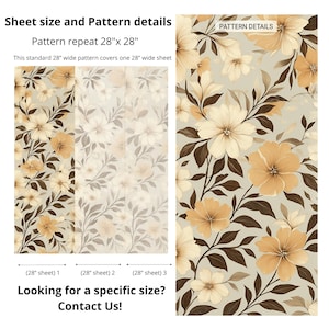May include: Floral pattern design with cream and gold flowers and dark brown stems on a light gray background. The pattern repeat is 28" x 28". Text includes "Sheet size and Pattern details", "Pattern repeat 28"x 28"", and "Looking for a specific size? Contact Us!"