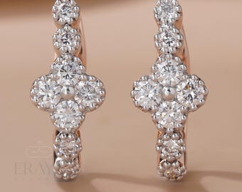 Lab Diamond Hoop Earrings: Rose Gold floral cluster design / Bridal jewelry / Anniversary gift