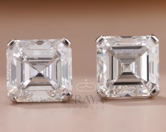 Asscher Cut Lab Grown Diamond Stud Earrings: 14k Gold Solitaire Earrings