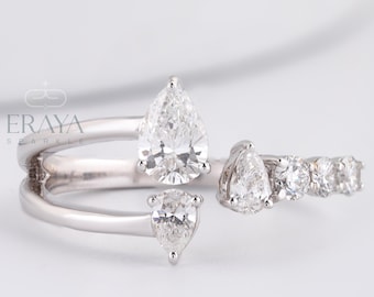 Pear Cut Lab Grown Diamond Ring: 14k White Gold Open Cuff