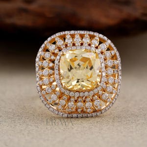 Cushion Cut Yellow Moissanite Halo Ring: 14k Gold Cocktail Jewelry